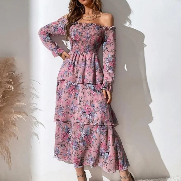 Shirred Layered Hem Floral Printed  Off The Shoulder Dress Dusty Pink - Picture 2 of 7
